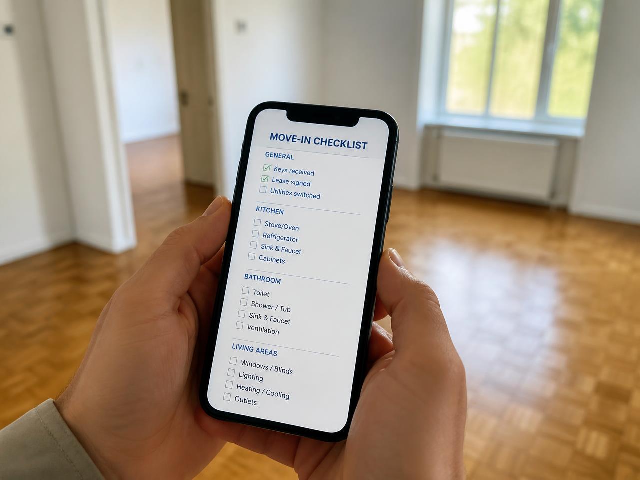 Checklist della guida Primo Affitto consultata dallo smartphone durante una visita
