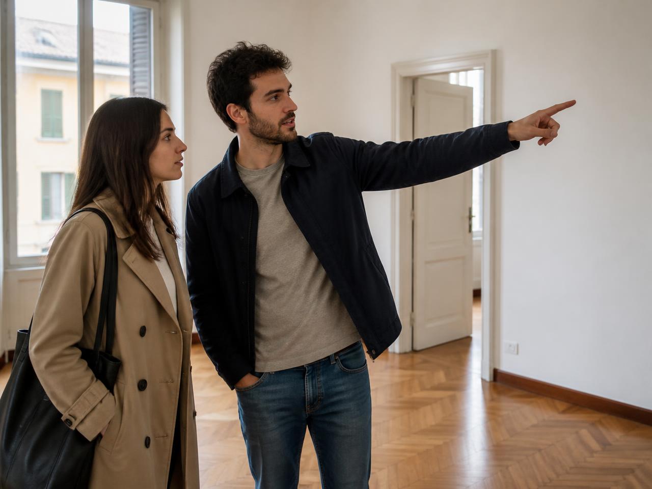 Giovane coppia durante la visita di un appartamento vuoto
